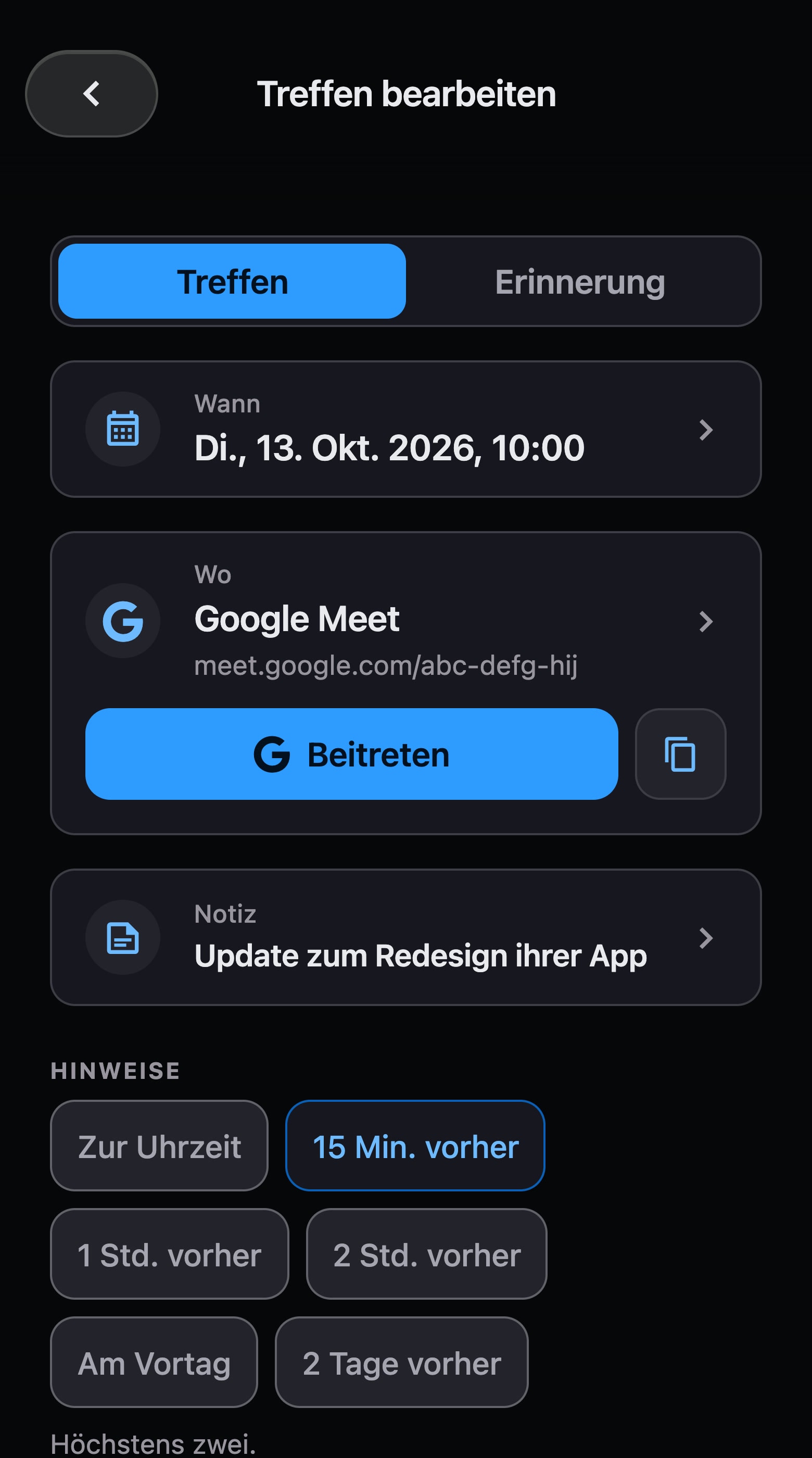 Ein Videocall über Google Meet mit Maya in der App: das Datum, der Link, die Schaltfläche Beitreten, eine Notiz und eine Benachrichtigung