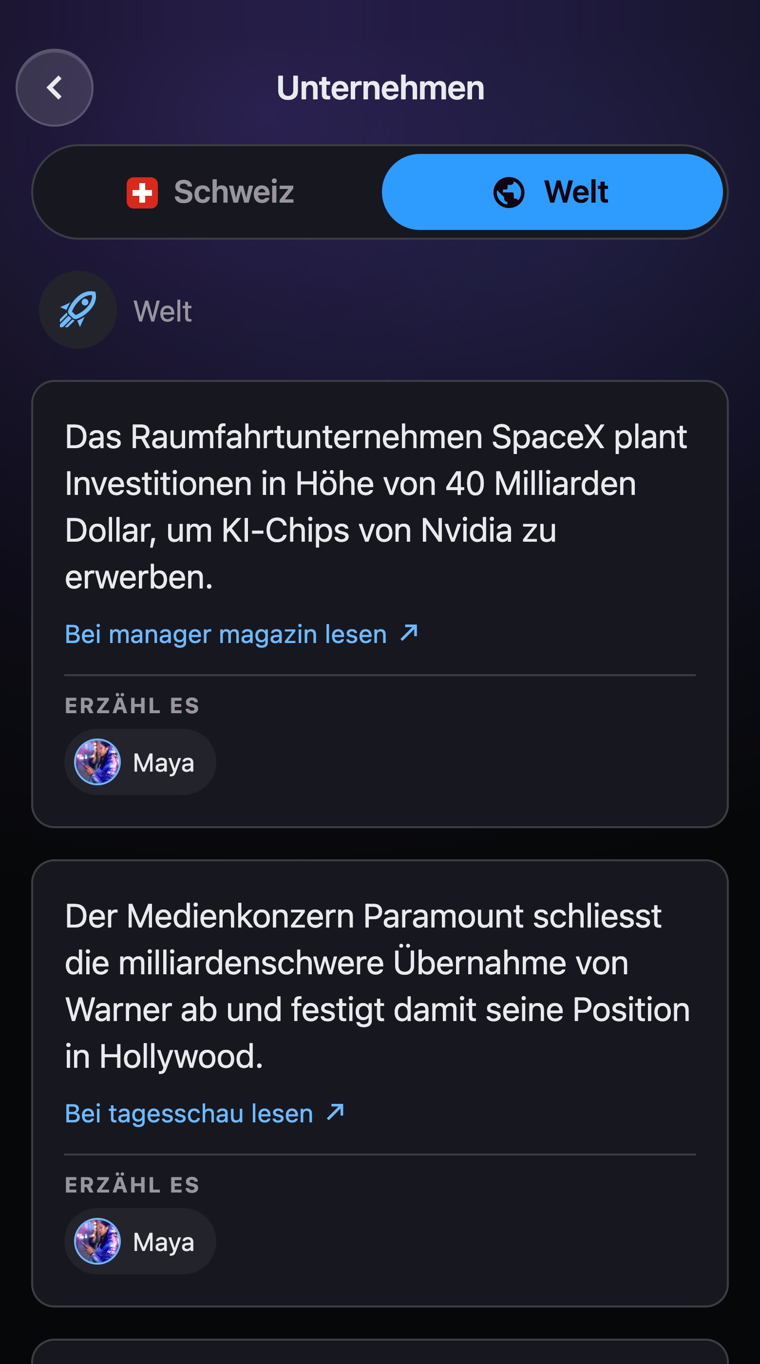 Die Rubrik Unternehmen in der App, Ausgabe Welt: Meldungen des Tages mit Link zur Quelle, und Maya, der du davon erzählen kannst