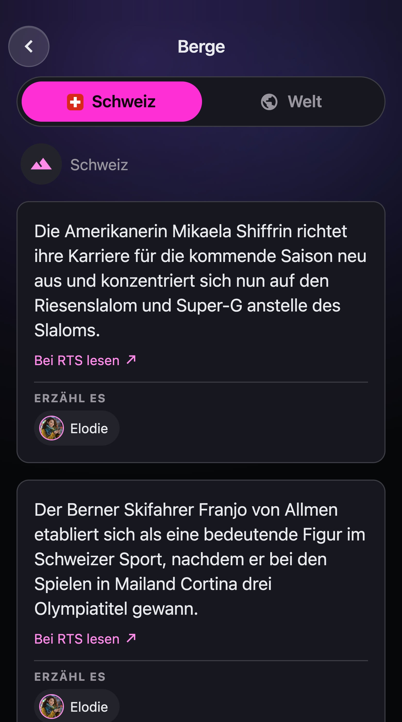 Die Rubrik Berge in der App, Ausgabe Schweiz: zwei Meldungen des Tages, jede mit Link zur Quelle, und Elodie, der du davon erzählen kannst