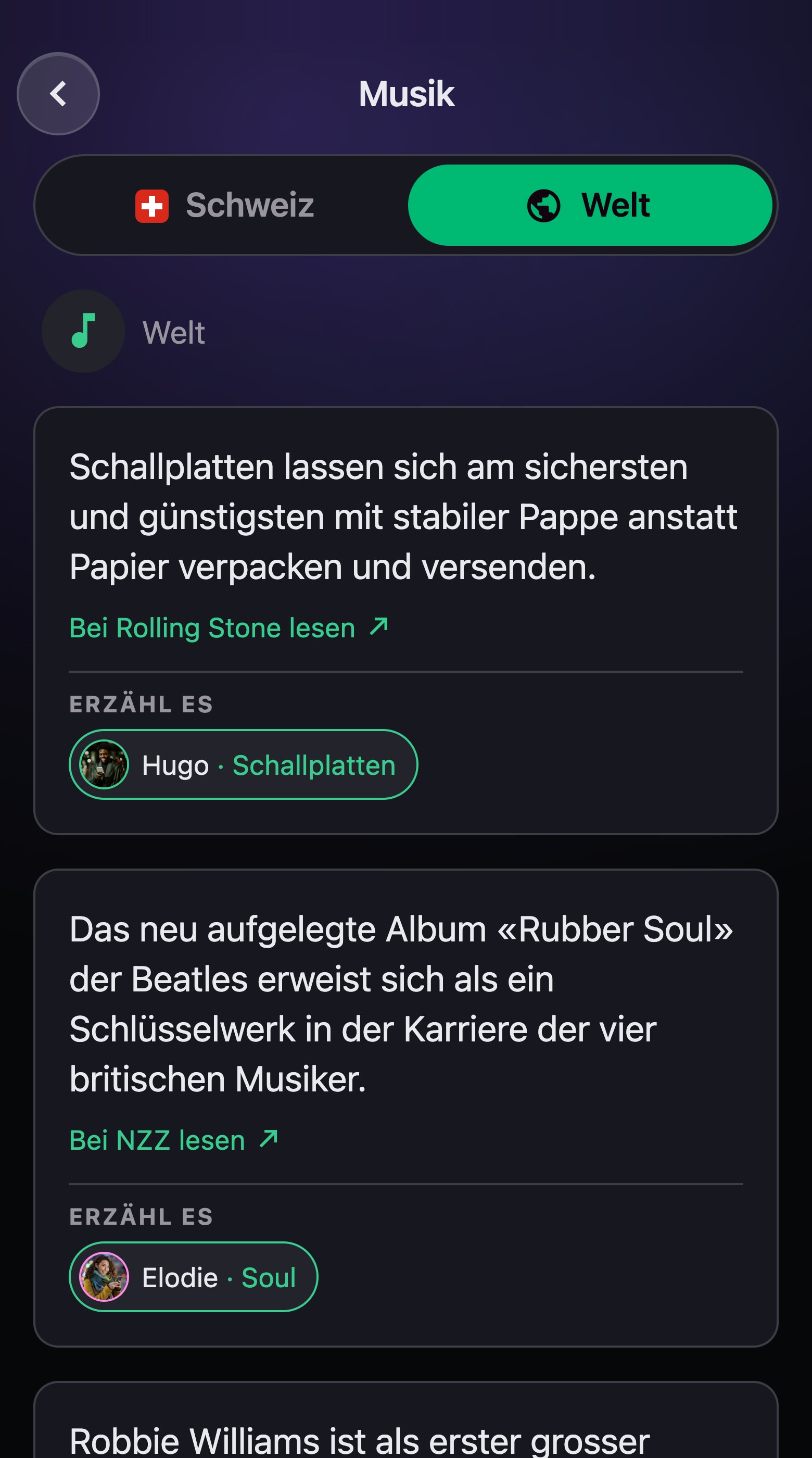 Die Rubrik Musik in der App, Ausgabe Welt: Meldungen des Tages mit Link zur Quelle, und Hugo, dem du davon erzählen kannst
